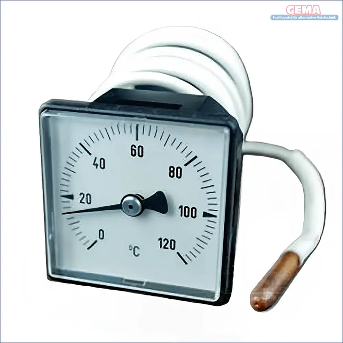 Quadratisches Thermometer mit gewundenem Fühler und Temperaturanzeige für Heizkessel