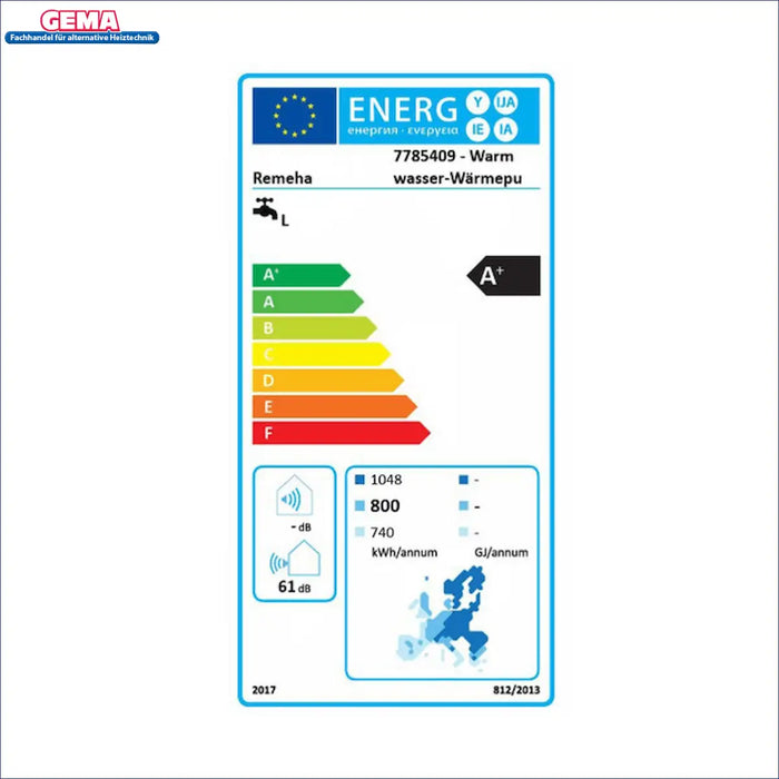 Energieverbrauchskennzeichnung für Remeha Warmwasser-Wärmepumpe, Effizienzklasse A+, Geräuschpegel 61 dB 📊🔋