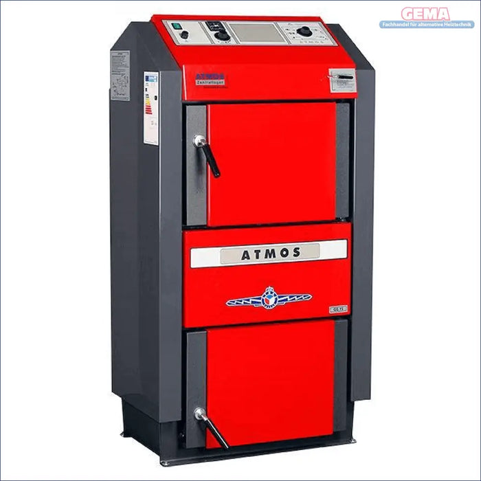 Red and gray Atmos Holzvergaser und Kessel in schematischer Heizungsanlage-Darstellung