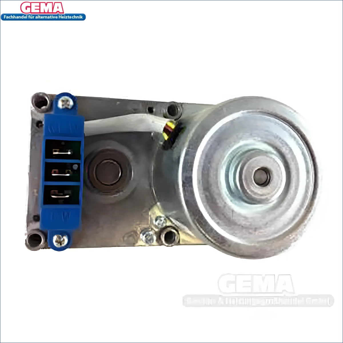 Elektrischer Motor mit blauer Kabelklemme und Metallriemenscheibe für Pelletkessel Thermoflux Pelling Eco