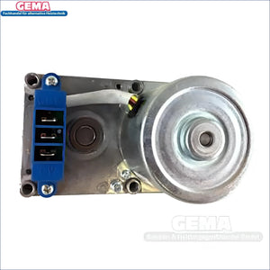 Elektrischer Motor mit blauer Kabelklemme und Metallriemenscheibe für Pelletkessel Thermoflux Pelling Eco