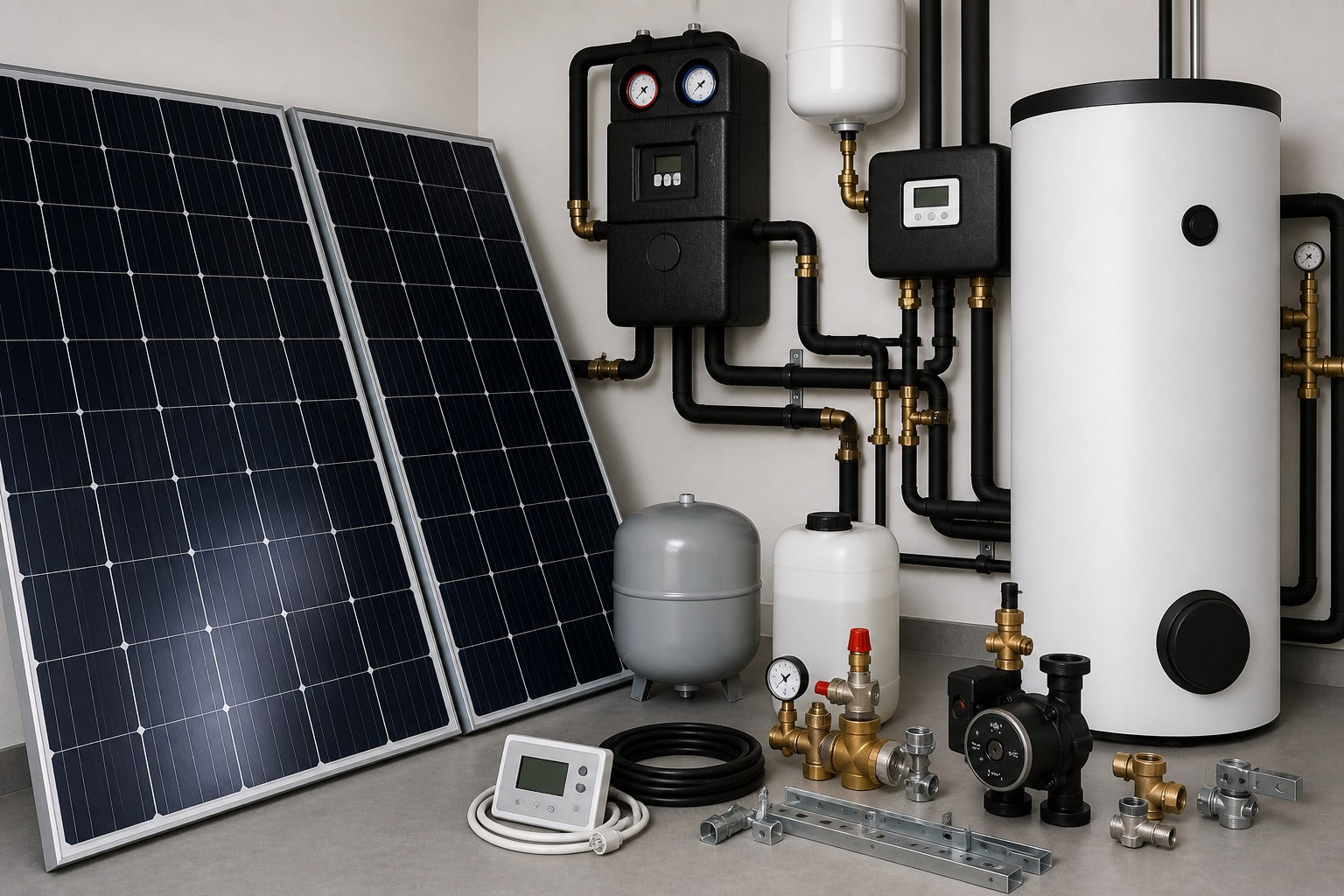 Technologie solaire avec panneaux solaires, batterie, station solaire et installation de tuyaux dans une salle technique moderne