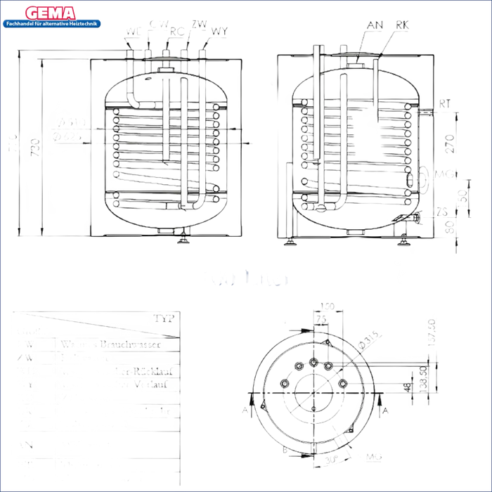 Technische Zeichnung des Trinkwasserspeichers 100 L mit Incoloy 825 Heizstab 2 kW
