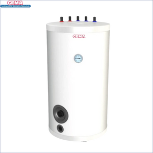 Weißer zylindrischer Warmwasserspeicher mit großem Wärmetauscher und geringem Wärmeverlust
