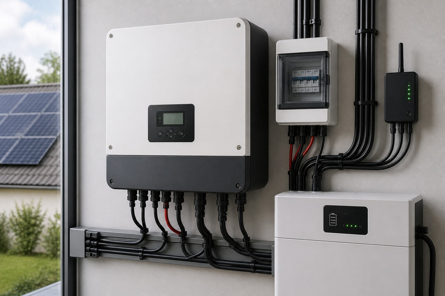 Onduleur avec installation photovoltaïque, batterie de stockage et installation électrique propre dans le local technique