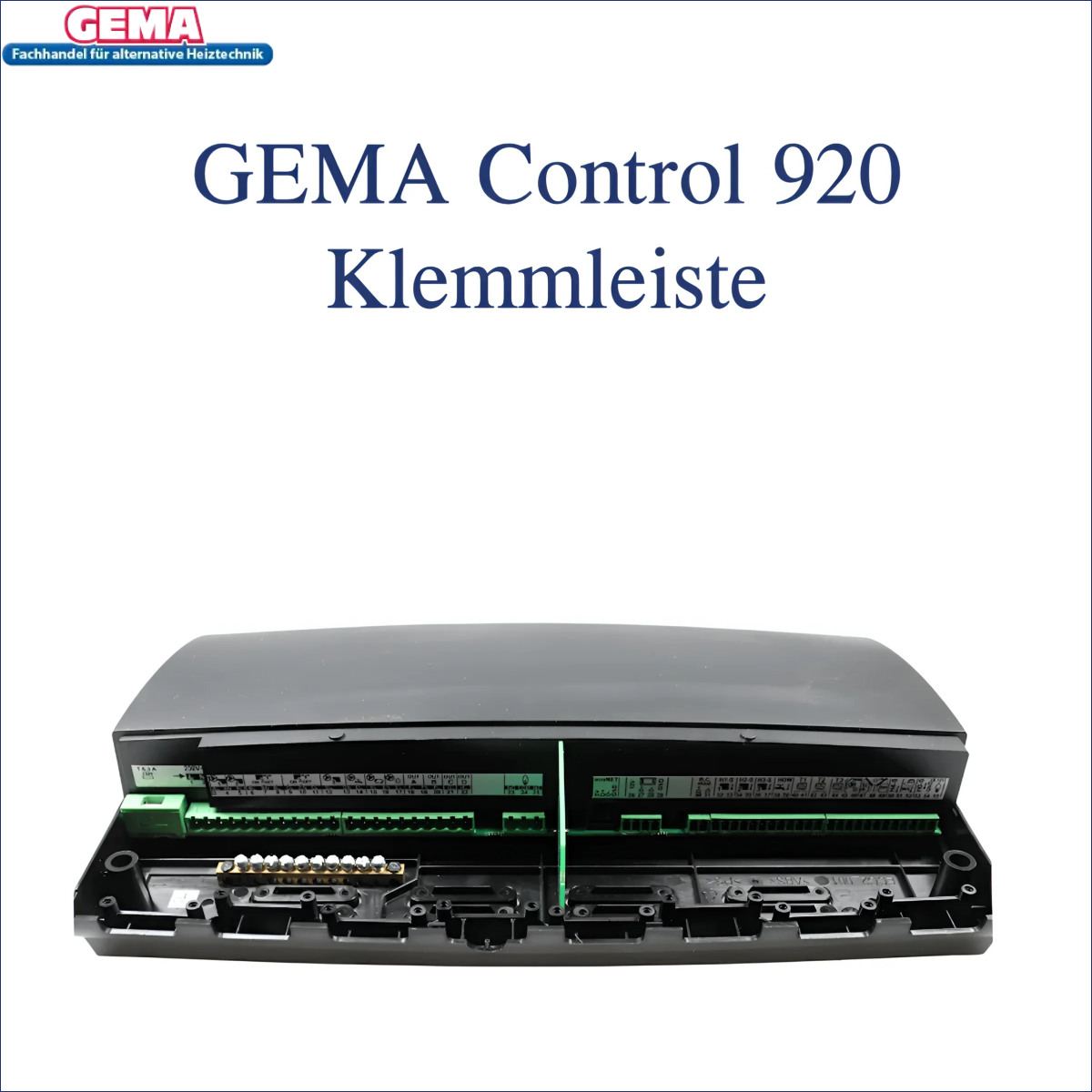 Schwarzer elektronischer Steuerkasten mit Terminalstreifen für Witterungsgeführte Regelung GEMA Control 920 mit Internetmodul Econet vom Typ CT6