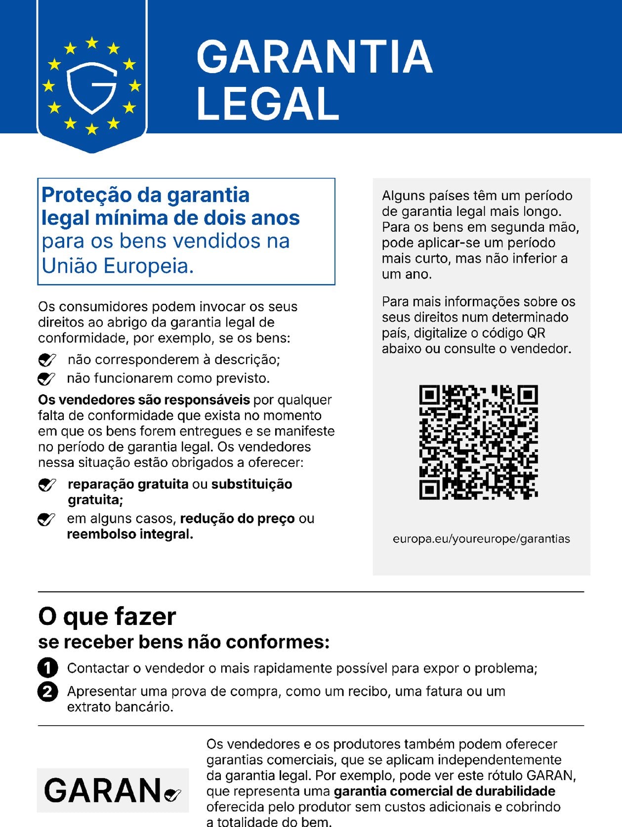 Aviso harmonizado da UE sobre a garantia legal de conformidade
